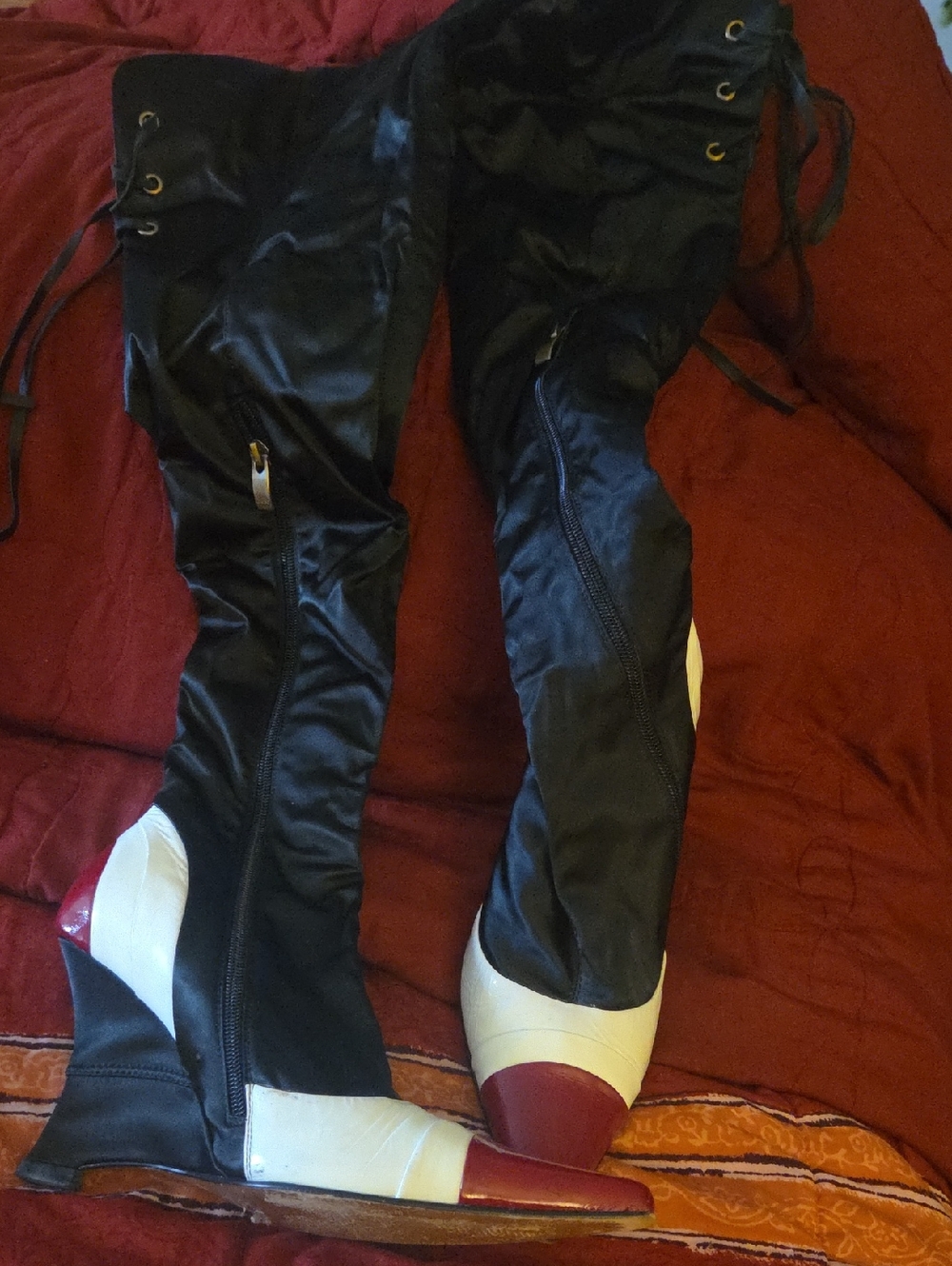 Black Over-the-Knee Boots with White and Red Accents